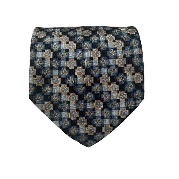 Ermenegildo Zegna Blue Tan Geometric Floral Print 100% Silk Neck Tie - Picture 1 of 7